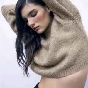 Zara Women’s Alpaca Wool Blend Mink Taupe Crop Pullover Oversized Sweater Small